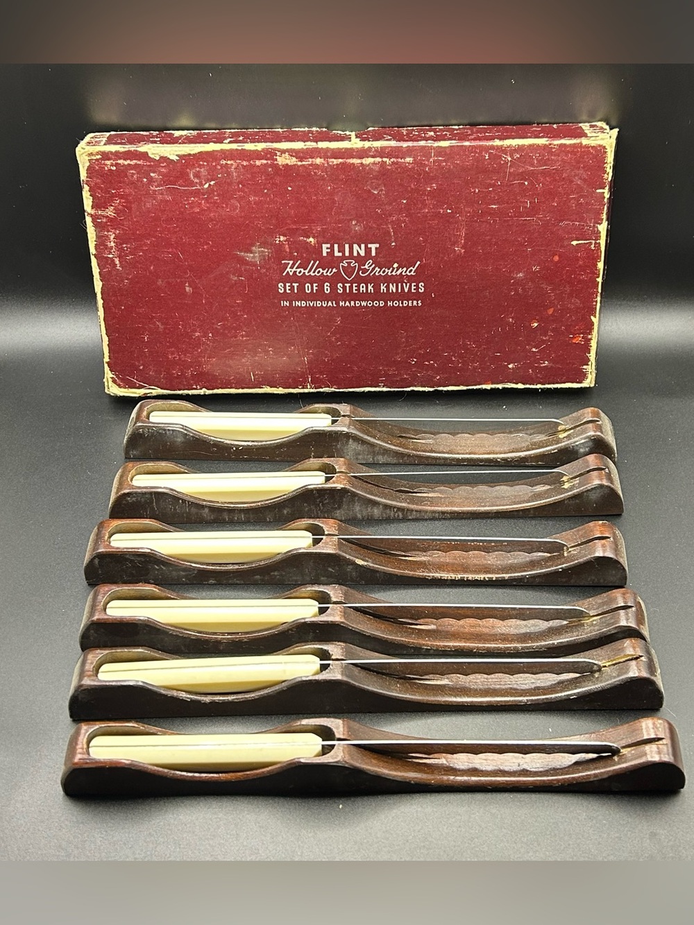 Vintage 60’s Flint Hollow Ground Stainless Steel Steak Knives Set 6 w/Holder’s